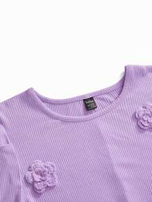 Modmama 孕妇纯色3D花卉装饰圆领泡泡长袖修身优雅连衣裙 - 淡紫色 - 查看 4