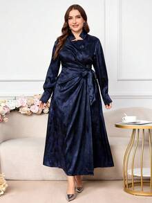 Modelyn Women's Long Sleeve Tie-Front Jacquard Elegant Party & Commute Dress, Plus Size Fall Cloth For Women