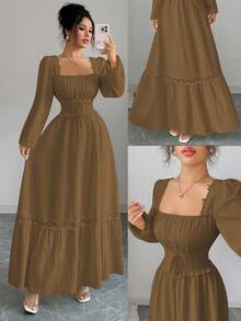 Elenzga Spring/Autumn New Cream Yellow French Design Puff Sleeve Patchwork Frill Trim Elegant High-Waist Slim Long Sleeve Dress - Brown - View 7