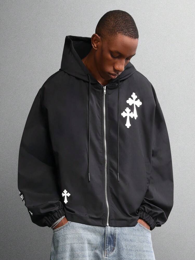 Oversized Windbreaker With Cross Print Design