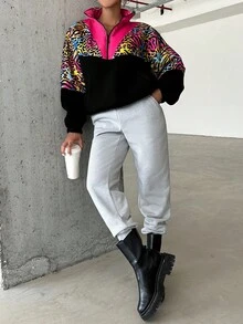 EURMUSE Zebra Striped & Leopard Print Colorblock Half Zip Drawstring Hem Drop Shoulder Jacket - Multicolor - View 4