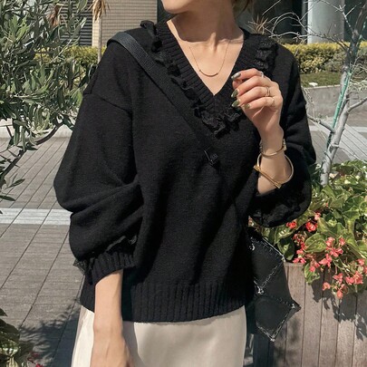 여성용 블랙 솔리드 V넥 패치워크 면 자수 루즈 캐주얼 다용도 긴소매 스웨터, 가을 의상에 적합