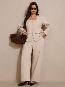 Elaquor Plus Size Elegant Solid Color Blazer And Pants Two Pieces Suit, Office Wear Classy Pant Suit Set Women Dressy Pant Suit Plus Size Two Pieces Outfit Two Pieces Pant Set Women Women Dressy Two Pieces Set Plus Size Pant Suit Beige Two Pieces Set