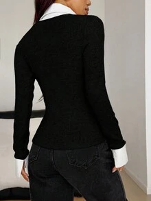 Chiquease 学院风 Polo 领拼接二合一长袖 T 恤，女式修身套头衫，秋冬新品，春季长袖翻领可爱黑色上衣，学院风服装，学院风上衣 - 黑色 - 查看 2