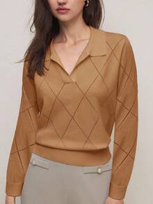 BizChic 棕色 Polo 领菱形针织长袖毛衣，百搭针织衫，优雅都市通勤日常穿着，浪漫 90 年代复古风，适合圣诞节、新年、情人节、派对、海滩、毕业典礼、时尚、休闲、正式等多种场合。 - 棕色 - 查看 3