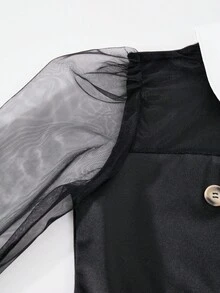1 Stück Mädchen Langarm Kleid mit Kragen, Mesh-Einsatz und Gürtel, Schwarz, geeignet für Lässig, Schule, Halloween Anlässe - Schwarz - Übersicht 6