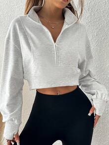 SHEIN EZwear 女士休闲纯色立领短款运动衫 - 灰色 - 查看 5