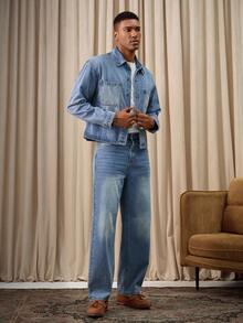 RivetRise 男士浅蓝色牛仔两件套，休闲宽松夹克和阔腿牛仔裤，男友和丈夫，秋季服装