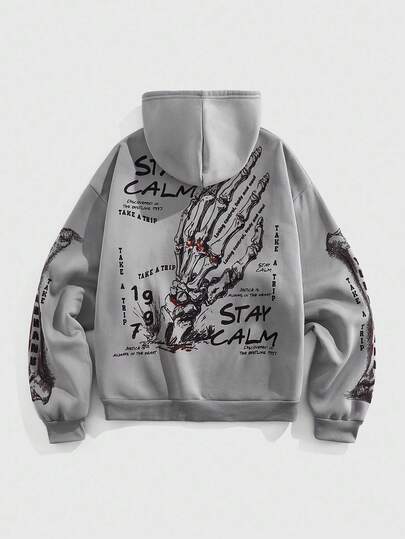 Goth Sudadera con capucha y cordón de cremallera con estampado de letras de esqueleto para hombres, para otoño