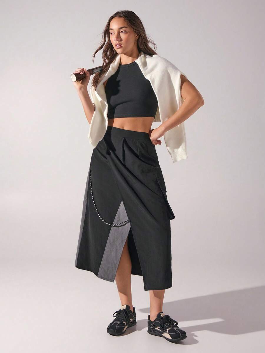 Menodora SHEIN Sport Asymmetric Patchwork Multi-Pocket Slit Drawstring Design Skirt - Black - View 1