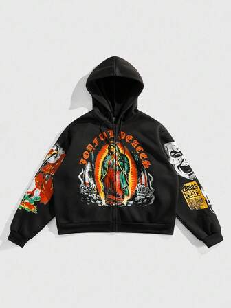 Goth sweat-shirt à capuche zippé avec imprimé religieux streetwear pour hommes, convient pour un port quotidien, automne hiver