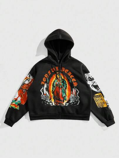 Goth Men's Streetwear Religious Printed Zip-Up Hoodie, Suitable For Everyday Wear, Fall Winter