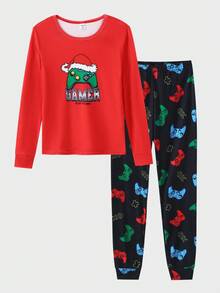 2pcs/Set Tween Boys' Video Game & Santa Hat Print Long Sleeve Top And Leggings Comfortable Pajama Set - Multicolor - View 6