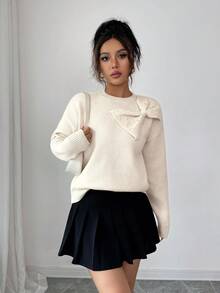 Elenzga 女士宽松休闲圆领亮片蝴蝶结装饰纯色毛衣 - 杏色 - 查看 7