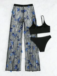 SHEIN Swim 2025 Bikini Set: Butterfly Decor Mesh Cover-Up, Pants, 3pcs Swimsuit - Black - View 5