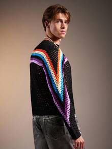 FeverCity Men's Contrast Color Round Neck Knitted Striped Hollow Out Casual Pullover Sweater, Fall, Winter - Black - View 5