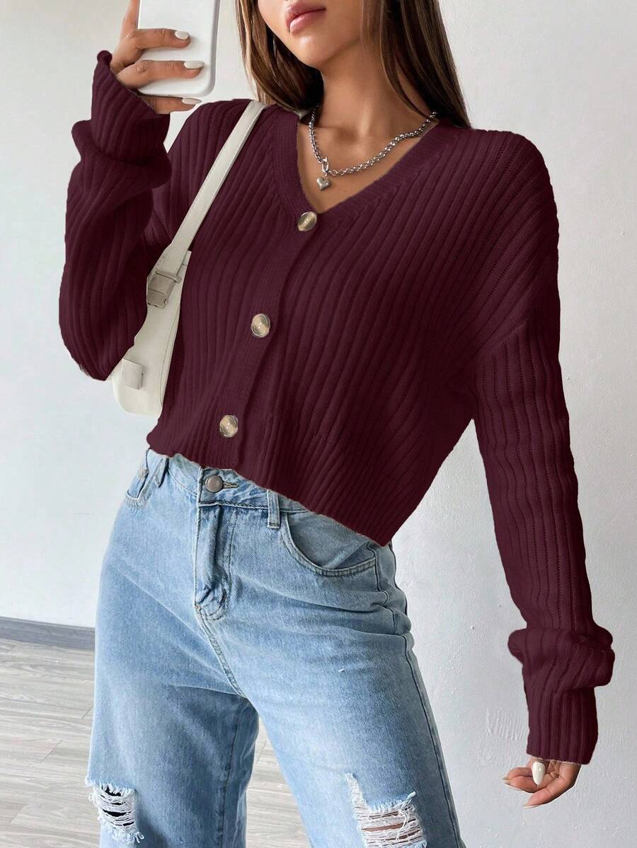 Flirla Fashionable Solid Color Drop Shoulder Long Sleeve Ribbed Cropped Cardigan