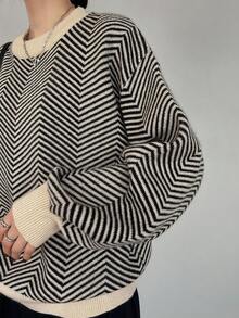 FRIFUL 女式休闲宽松拼色圆领落肩长袖毛衣，百搭秋季外套 - 杏色 - 查看 3