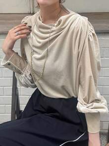 FRIFUL 女式纯色杏色长袖宽松休闲褶皱圆领 T 恤，百搭街头服饰，秋季 - 杏色 - 查看 5