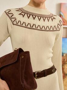 Chiquease Autumn/Winter Casual Bohemian Geometric Pattern Fitted Knit Dress - Apricot - View 1