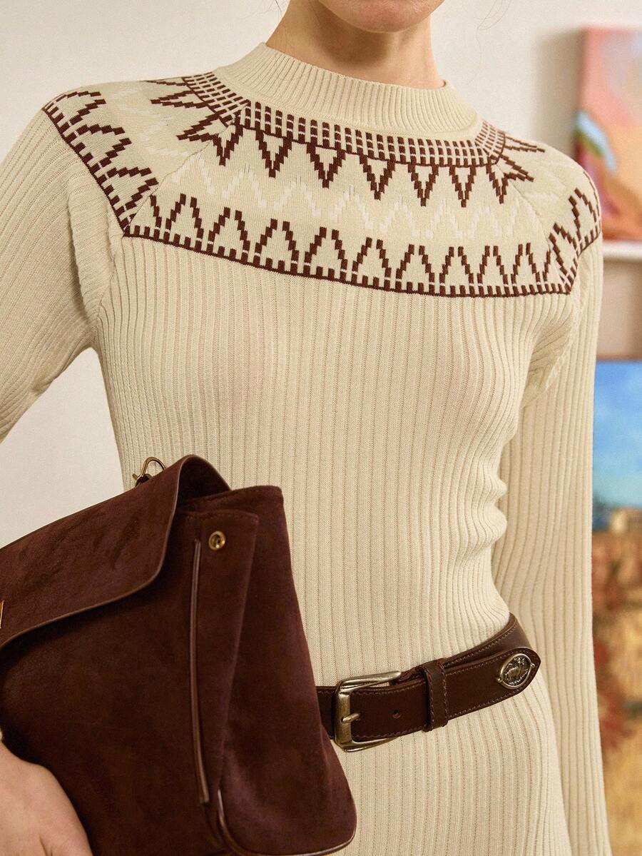 Chiquease Autumn/Winter Casual Bohemian Geometric Pattern Fitted Knit Dress - Apricot - View 1
