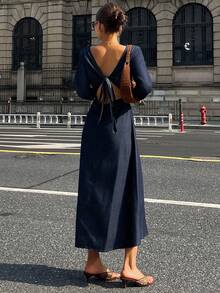 DAZY New Autumn/Winter Waist Cinching Backless Bowknot Strap Women Denim Dress - Blue - View 4