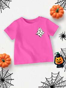 SHEIN Baby Girl Casual Minimalist Fashion Halloween Pumpkin Bow Graphic Short Sleeve Round Neck T-Shirt, Suitable For Summer Halloween Toddler Clothes Spooky Baby Clothes Pumpkin Baby Girl Outfit Baby Girl Halloween Shirt Ghost Halloween Shirt