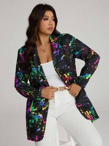 Comfylo Plus Splash Ink Print Single Button Blazer Fall Women Clothes Fall Clothes Plus Size Fall Outfits For Women  Fall Outfits Women Autumn - Multicolor - View 7