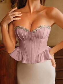SHEIN Unity New Women's Elegant Date Party Satin Bustier Bra With Steel Boned Fishbone Collar, Handcrafted Rhinestone Decor, Ruffle Hem Patchwork, Spring/Summer - Pink - View 7