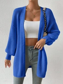 SHEIN LUNE 女士纯色落肩长袖长款休闲宽松针织开衫，秋季 - 寶藍色 - 查看 5