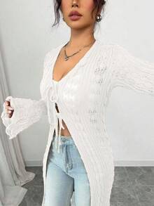 Rafferiza Brown V-Neck Long Sleeve Flared Cuff Knit Long Cardigan For Women, Casual Fit, Spring/Autumn