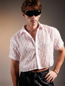 FeverCity 男士休闲镂空纽扣短衬衫 - 粉色 - 查看 1