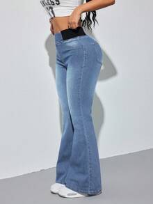 SHEIN PETITE Women's Blue Jeans Skinny Flared Pants Comfortable High Elastic Denim Summer Office Wear Siren Style - Light Wash - View 4