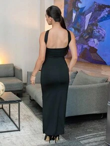 Andrea Bello Vestido largo de maxi con hombros descubiertos, cuello halter y drapeado en color beige, adecuado para vacaciones, fiestas, citas, cumpleaños de mujer, Día de San Valentín - Negro - Ver 2