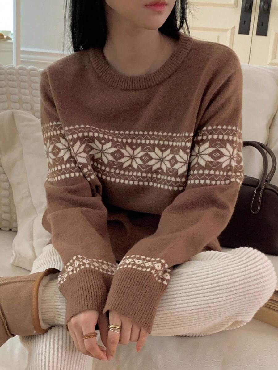 DAZY 女士提花针织圆领毛衣，舒适氛围，适合秋冬季外套圣诞节、新年 - 棕色 - 查看 1