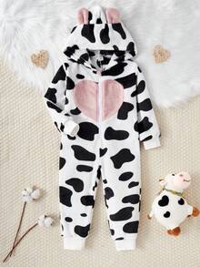 Young Girl' Cute Minimalist Black & White Cow Patchwork Heart Hoodie Plush Long Sleeve Jumpsuit Pajamas Fall Winter - White - View 3