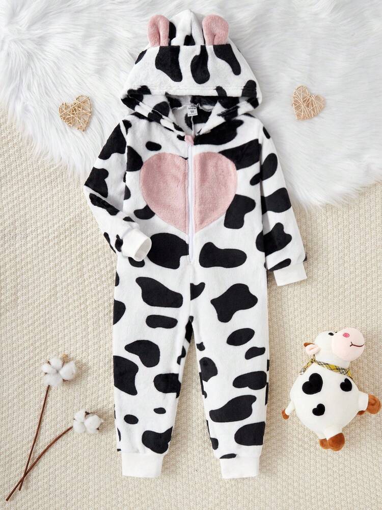 Macacão de Pijama com Capuz Felpudo de Manga Longa, Estampa Minimalista Preto e Branco de Vaca e Coração para Meninas - Branco - Visão 3