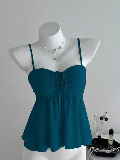 Sweetra 女式可爱纯色褶皱面料吊带背心，夏季