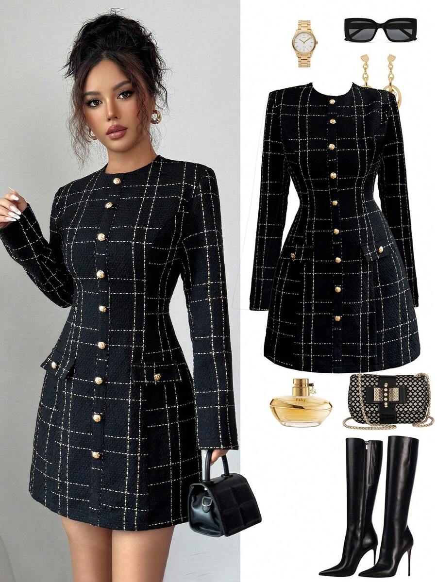 Elenzga 女式格子圆领长袖金属单排扣优雅短款连衣裙 - 黑色 - 查看 1