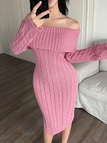 Feyla Women's Tie-Neck Off Shoulder Long Sleeve Fitted Elegant Knit Dress In Fall/Winter - Pink - View 6