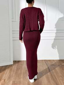 EURMUSE 女士优雅针织毛衣，带绞花图案和无袖合身针织连衣裙套装，秋季 - 酒紅色 - 查看 4