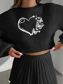 EURMUSE Niedlicher Rundhals-Pullover mit einfarbigem Fallschulter-Ballonärmel, Herz-Stickerei und einfarbiger mini plissierter gestrickter Rock, 2 Stücke Set für Damen im Herbst und Winter