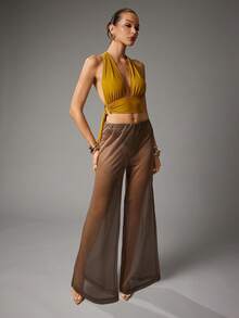 Hauture Women's Sexy Summer Vacay Night Out Halter With Side Snake Ring Rope Strap Detail Mustard Top - Yellow - View 5
