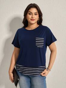 Comfylo 大码条纹拼布撞色口袋装饰休闲T恤 - 藏蓝色 - 查看 5