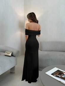 Jemour Váy trễ vai nhún eo thanh lịch dành cho nữ, hoàn hảo cho đám cưới, hẹn hò và các dịp đặc biệt - màu đen - Xem 2