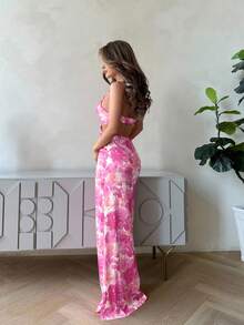 Jemour 女士优雅花卉印花露背连衣裙 - 淺粉色 - 查看 4