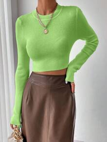 RosyDaze Women's Solid Color Round Neck Long Sleeve Cropped Fitted Pullover Sweater, Autumn - Green - View 5