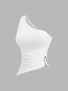 Sweetra 女士新款不对称单肩金属扣装饰衬衫套装，适合海滩度假，春夏季 - 彩色 - 查看 4