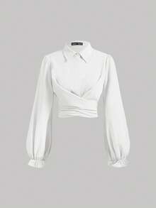 SHEIN MOD Camisa retrô branca com manga balão e bainha cruzada, roupas de volta às aulas, roupas de outono, blusas femininas, Halloween, roupas de professora, roupas vintage, trabalho, camisa de botão, faroeste, anos 70, despedida de solteira, blusas creme - Branco - Ver 1