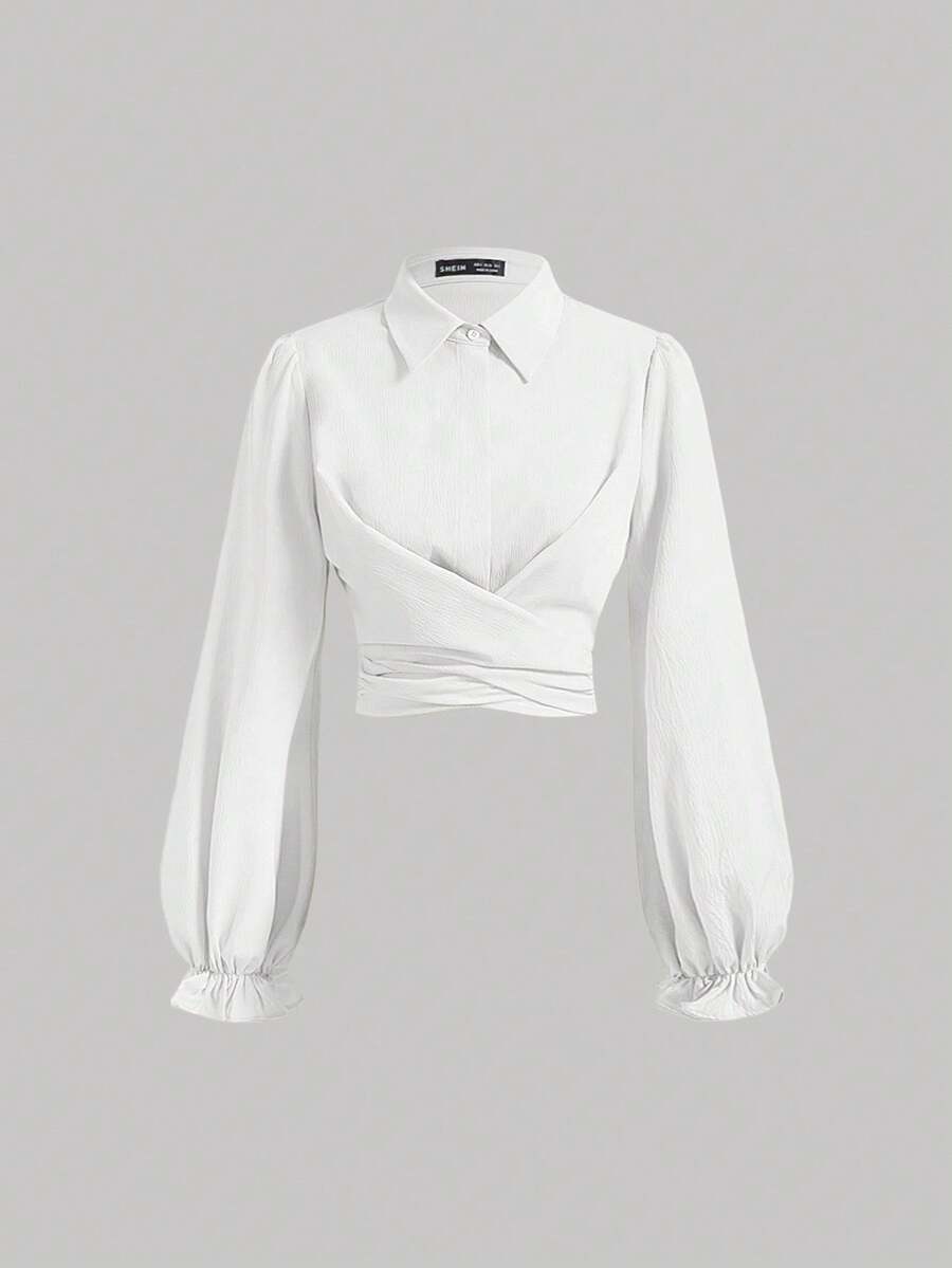 SHEIN MOD Camisa retrô branca com manga balão e bainha cruzada, roupas de volta às aulas, roupas de outono, blusas femininas, Halloween, roupas de professora, roupas vintage, trabalho, camisa de botão, faroeste, anos 70, despedida de solteira, blusas creme - Branco - Ver 1